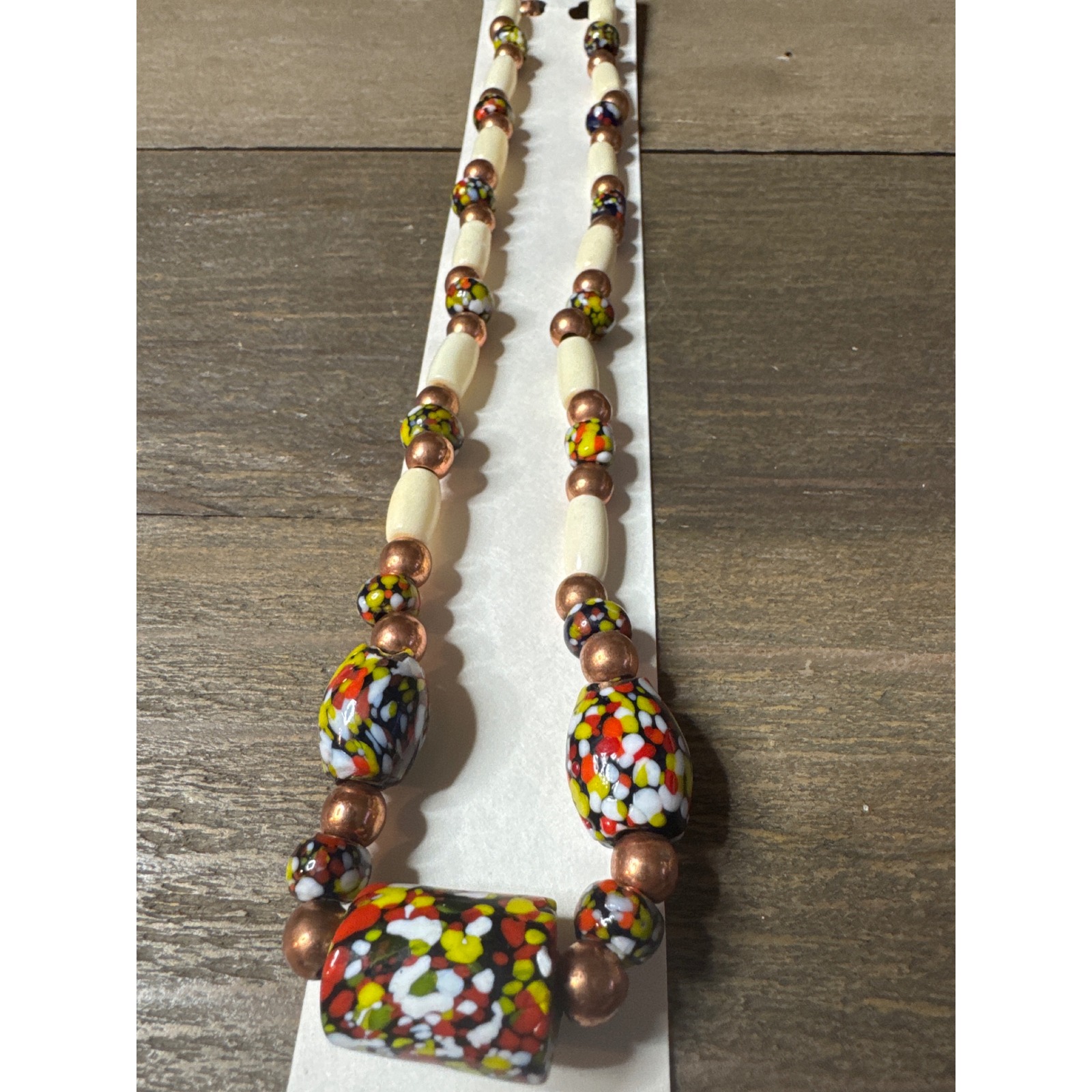 Multicolor Glass Millefiori Statement Necklace Copper Tone Beads 19 Inch